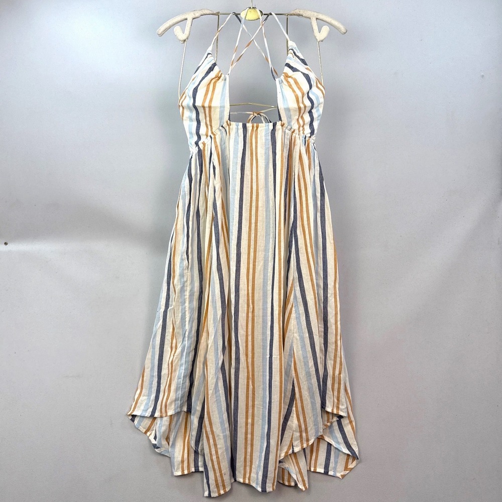 ONeill Womens Small Blue Orange Striped Halter Open Back Handkerchief Hem Dress